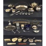 Assortment of silver plated items; also a silver single squat candlestick