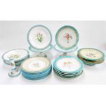 Worcester part dessert service painted with floral sprays within turquoise borders (some damages);