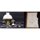 Brass and iron circular hanging oil lamp with a white opaque glass shade, 14" diameter