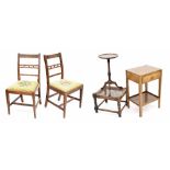 Pair of mahogany bar back chairs with woolwork drop-in seats; together with a walnut two tier