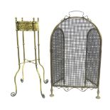 Polished repousse brass jardiniere stand; also a brass and mesh triptych folding spark fireguard,