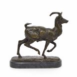 French 19th century bronze figure of a goat upon an oval marble socle, signed 'E. Gouget', 4.75"