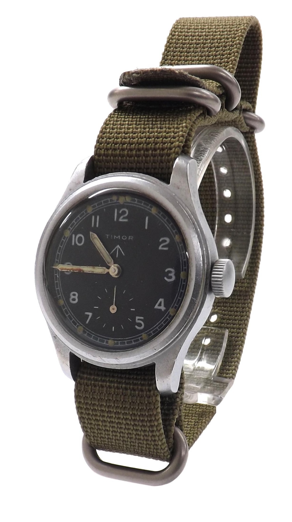 Timor British Military issue gentleman's wristwatch, circular black dial with Military arrow, Arabic