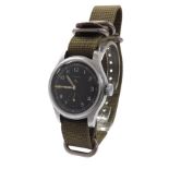 Timor British Military issue gentleman's wristwatch, circular black dial with Military arrow, Arabic