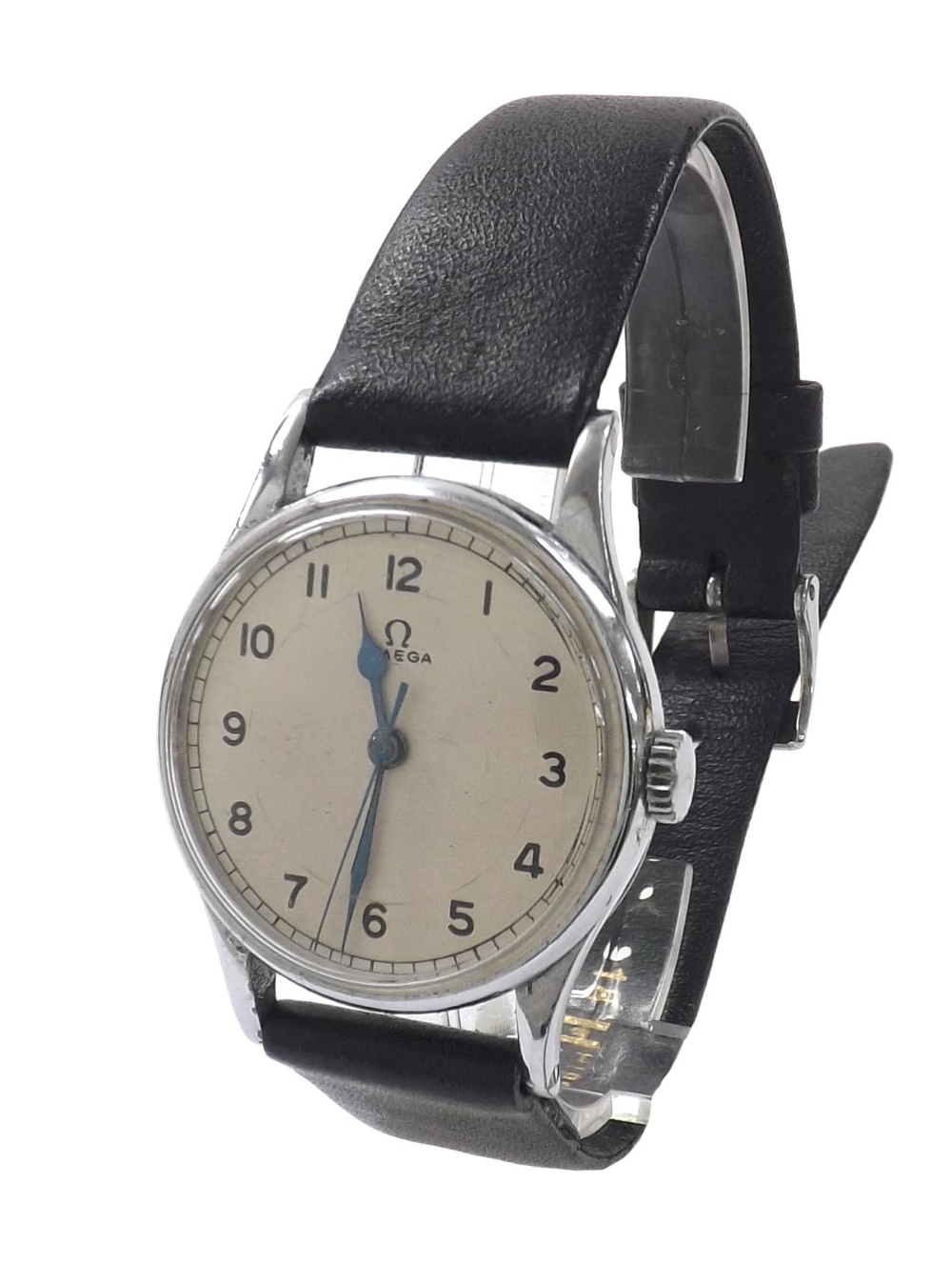 Omega WWII British Military issue gentleman's wristwatch, circa 1939, silvered dial with Arabic