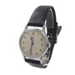 Omega WWII British Military issue gentleman's wristwatch, circa 1939, silvered dial with Arabic