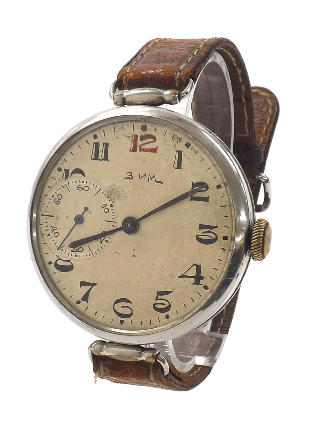 Russian 3NM (Zim) over-sized nickel cased gentleman's wristwatch, silvered dial with red twelve,