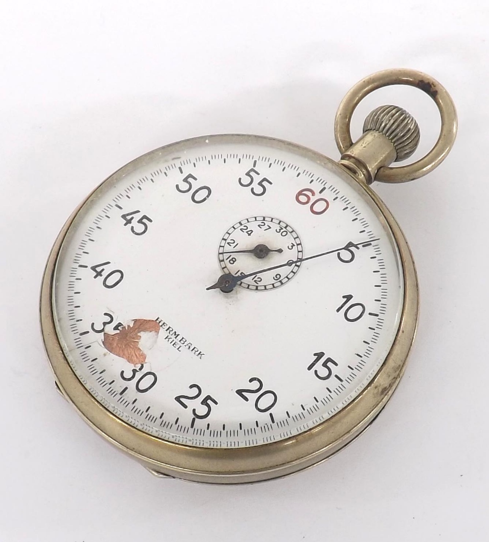 German WWII U- Boat officer's nickel cased stopwatch, the dial with Arabic seconds and subsidiary - Image 2 of 4