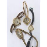 Three 9ct ladies wristwatches, upon gold plated expanding bracelets; together with a Rone 9ct lady's