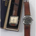 Oris vintage stainless steel square cased wristwatch in the original box; also a Cyma military style