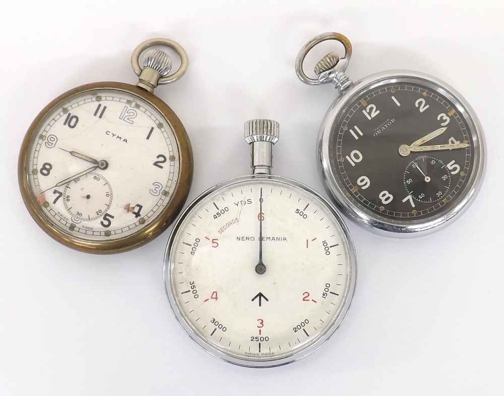 Cyma WWII British Military Army issue nickel cased lever pocket watch, signed 15 jewel patented