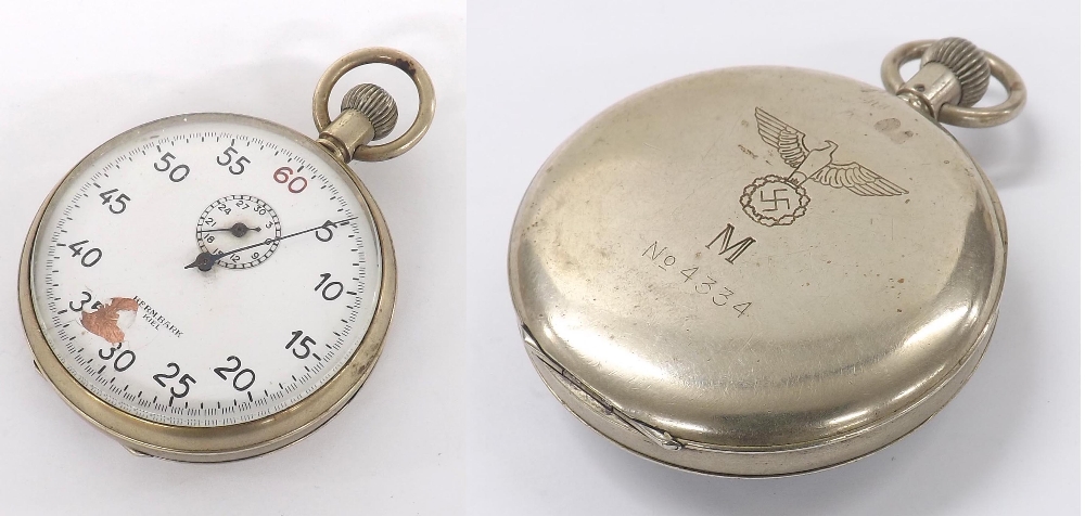 German WWII U- Boat officer's nickel cased stopwatch, the dial with Arabic seconds and subsidiary