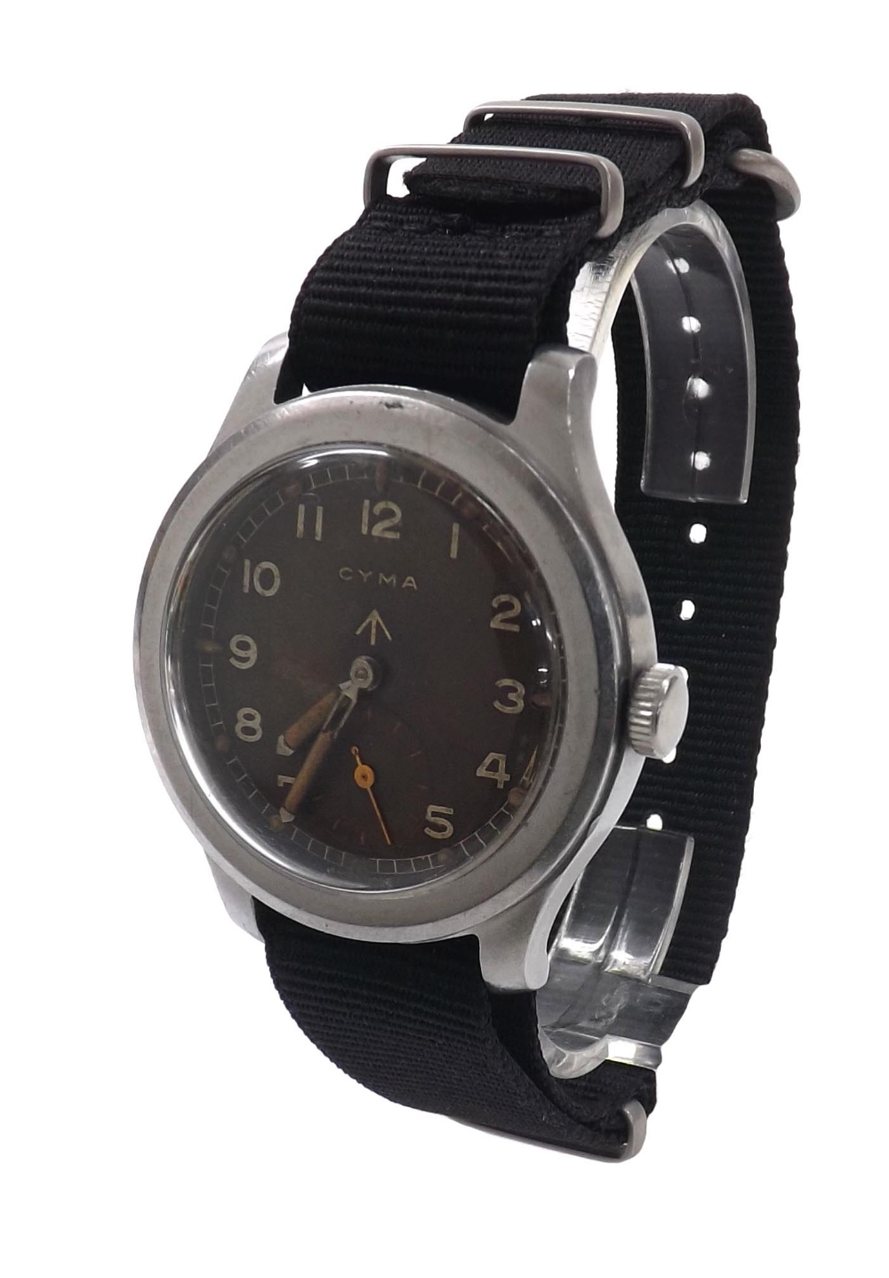 Cyma WWII British Military issue stainless steel gentleman's wristwatch, the black 'tropical' dial