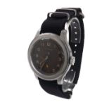 Cyma WWII British Military issue stainless steel gentleman's wristwatch, the black 'tropical' dial