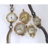 Three 9ct ladies wristwatches to include Hirco, Rotary and Everite (at fault); together with two
