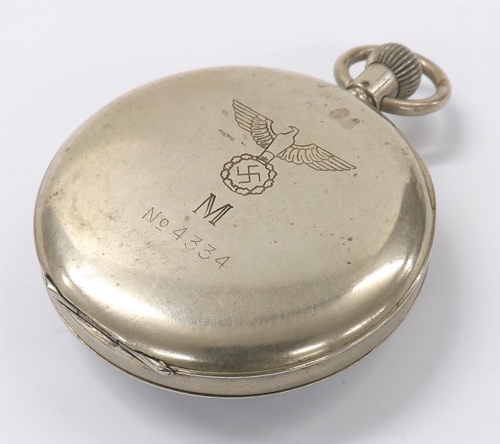 German WWII U- Boat officer's nickel cased stopwatch, the dial with Arabic seconds and subsidiary - Image 3 of 4