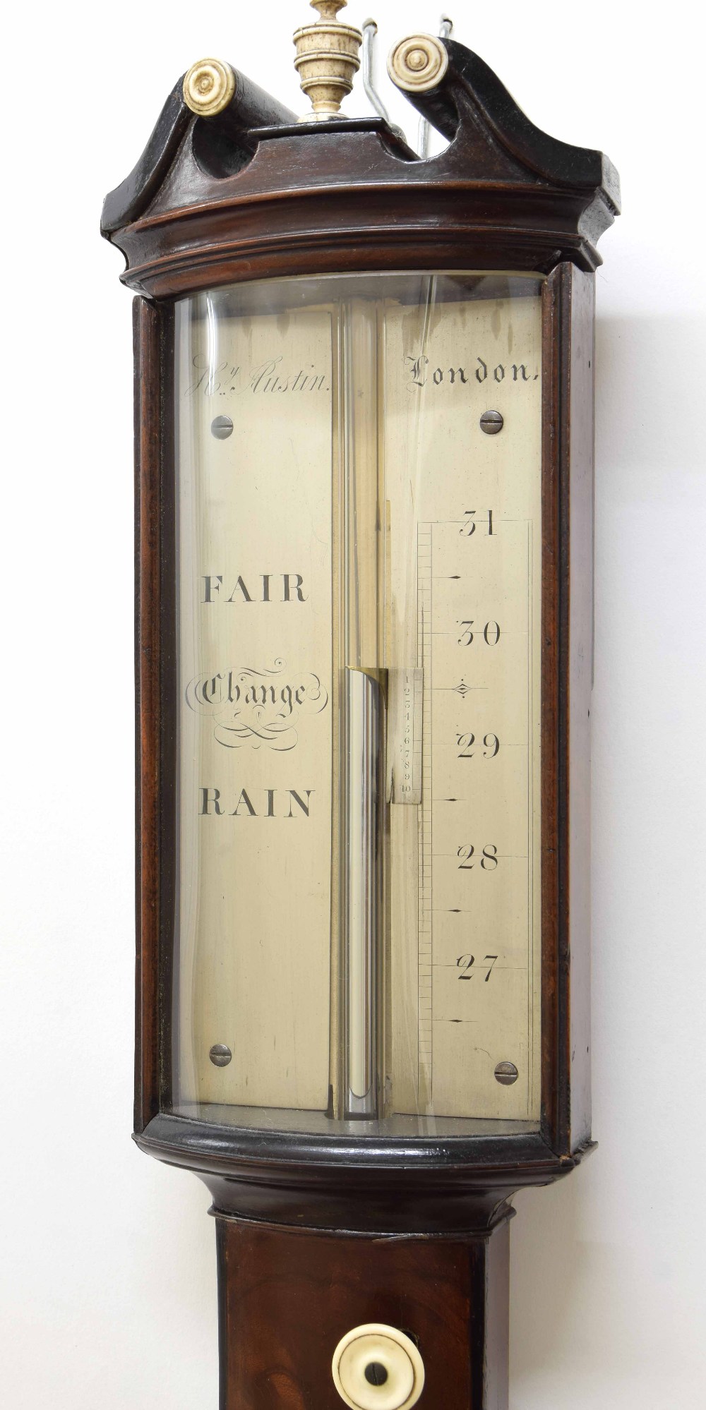 Good flame mahogany bowfront stick barometer, the silvered ivory scale signed Hy. Austin, London - Image 2 of 3