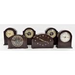 Three small Bulle electric mantel clocks in Bakelite cases; also three other Bakelite cased electric