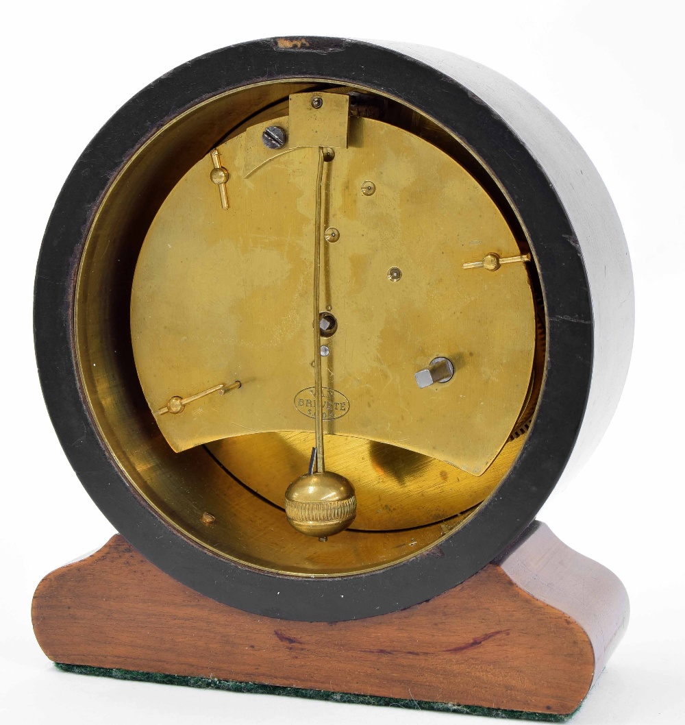 Small French ebonised and walnut drumhead mantel clock, the movement back plate stamped VAP. - Image 2 of 2