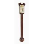 Mahogany inlaid stick barometer, the silvered scale signed Comitti, Holborn, over a flat trunk