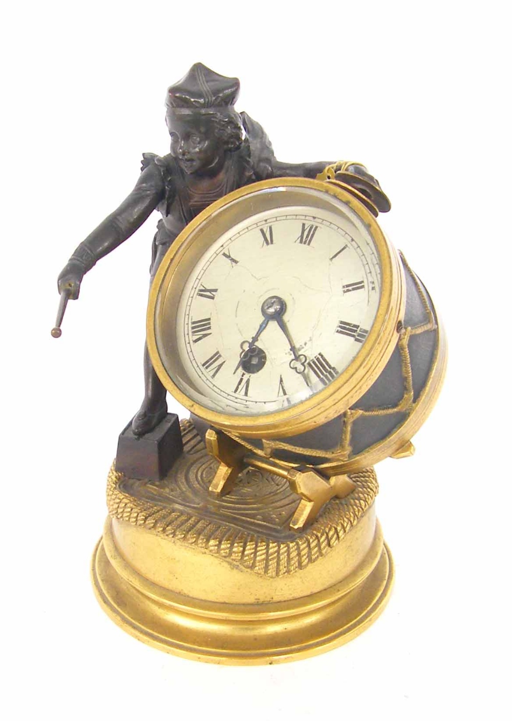 Novelty bronze and ormolu drummer boy clock, the 2.5" silvered dial inset into a drum attended by