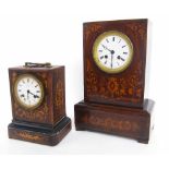 French rosewood inlaid two train mantel clock striking on a bell, 13.5" high; also another smaller