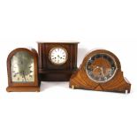 French oak two train mantel clock striking on a bell, 9.5" high; also an Art Deco walnut cased three