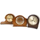 Bravingtons Limited walnut three train mantel clock, 9" high (pendulum and key); also a DRGM