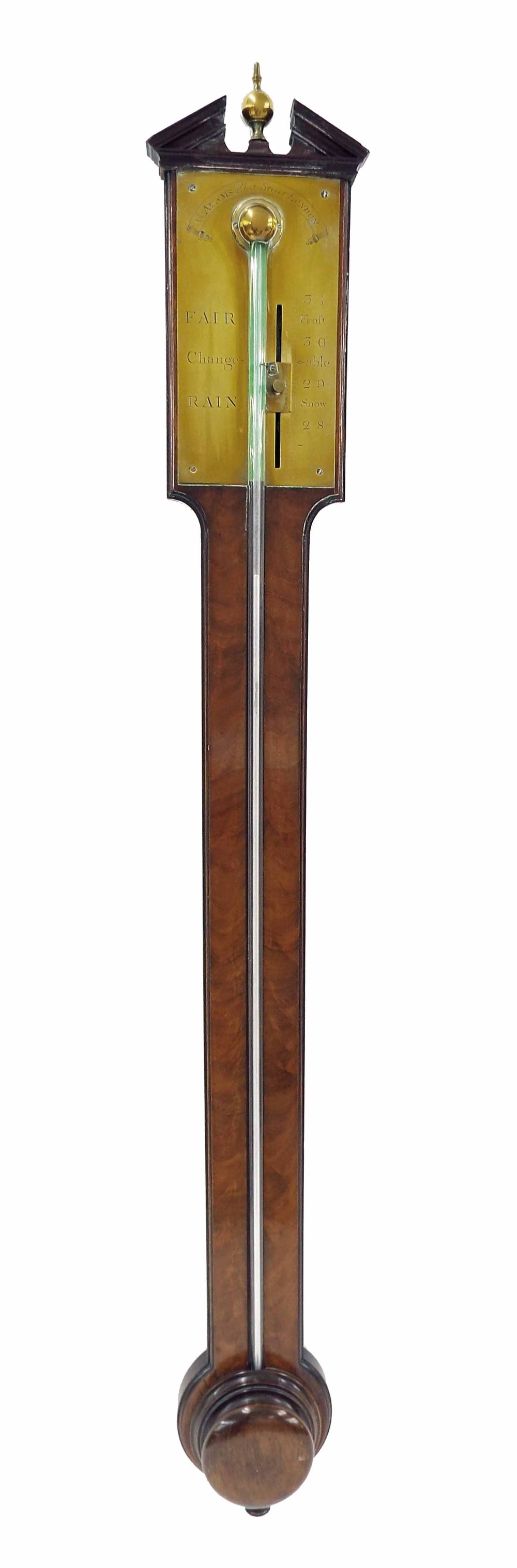 Good mahogany stick barometer, the brass scale signed G. Adams, Fleet Street London, over a flat