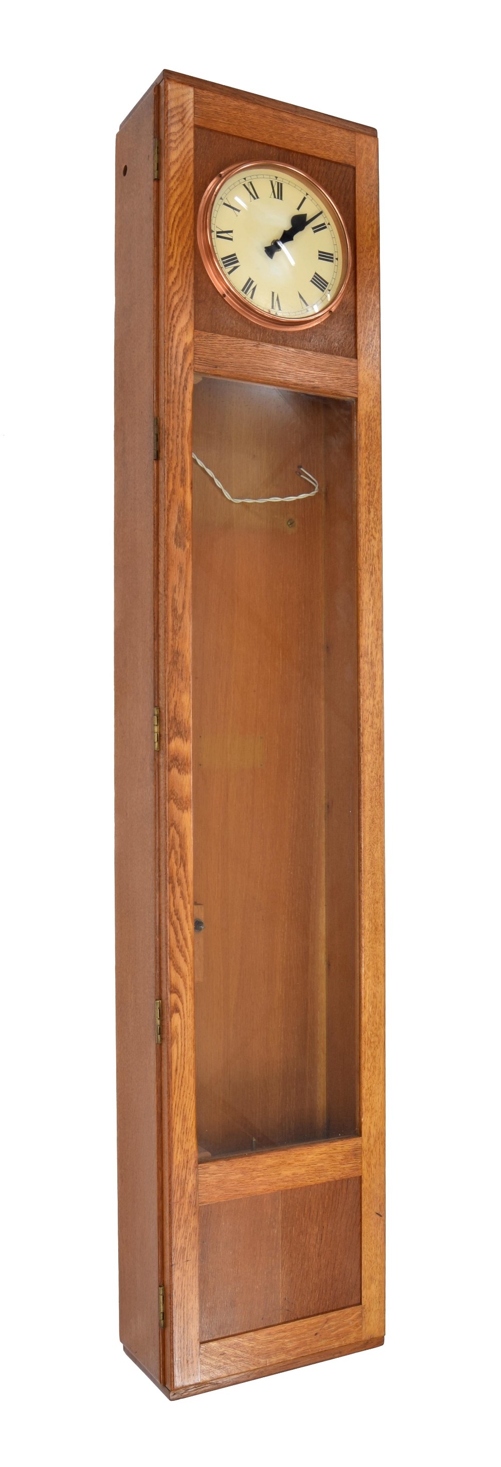 Magneta light oak glazed case with 8" cream dial, but no movement, 63" high