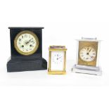 Small French black slate two train mantel clock, 8" high (pendulum and key); also two carriage