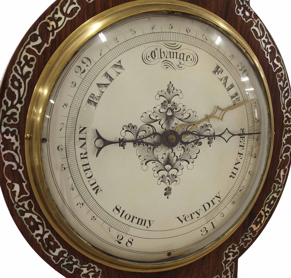 Rosewood and mother of pearl inlaid four glass banjo barometer, the 8" silvered dial within a shaped - Image 2 of 3