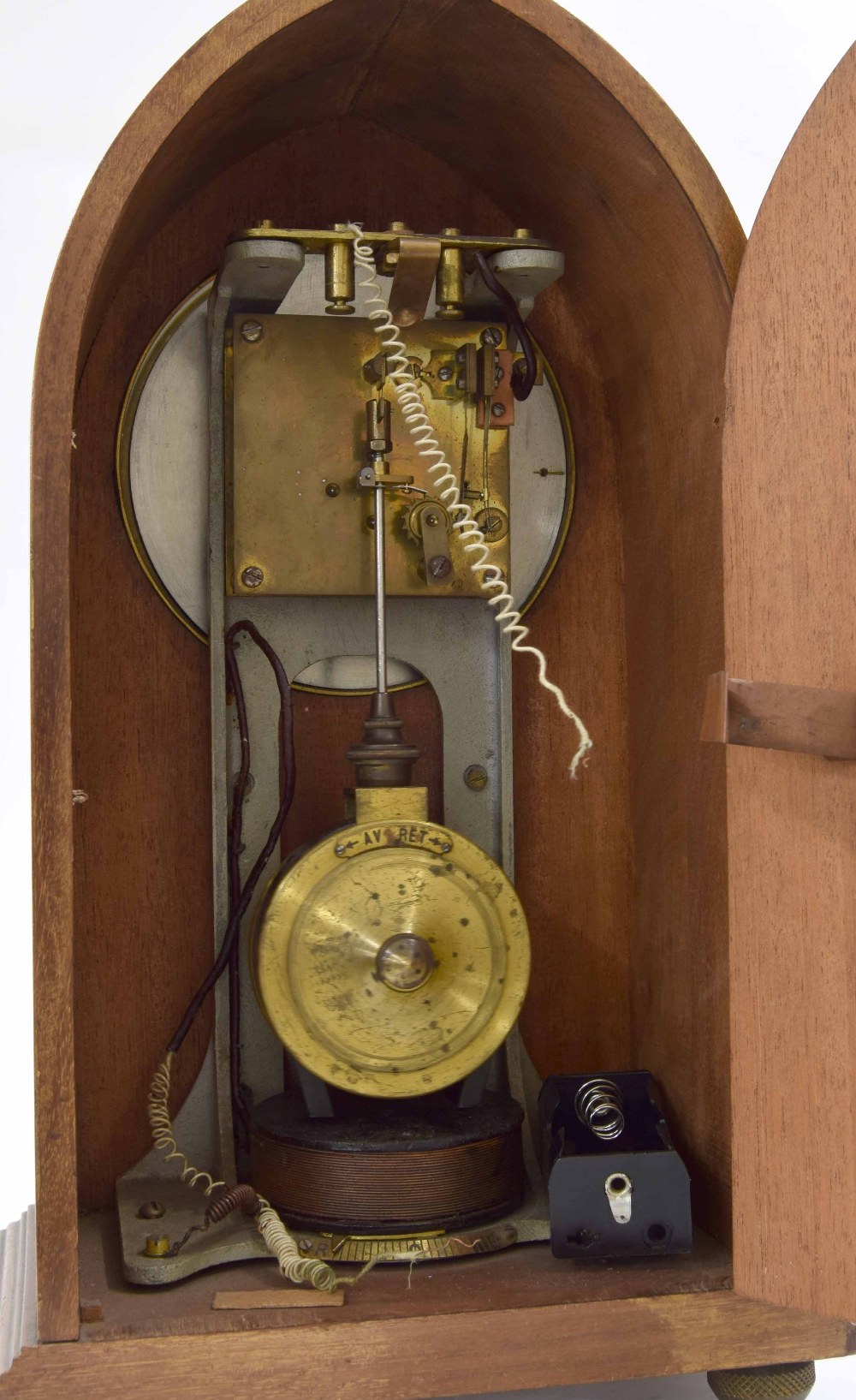 L. Bardon electric mantel clock, the 5.25" white dial within a mahogany lancet case inlaid with - Image 2 of 2