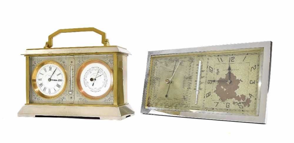 Brass and silver plated clock/aneroid barometer with thermometer compendium, the 2.25" clock dial