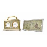 Brass and silver plated clock/aneroid barometer with thermometer compendium, the 2.25" clock dial