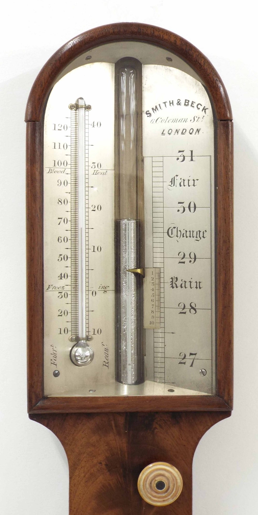 Mahogany stick barometer, the angled silvered scale signed Smith & Beck, 6 Coleman St, London, - Image 2 of 2