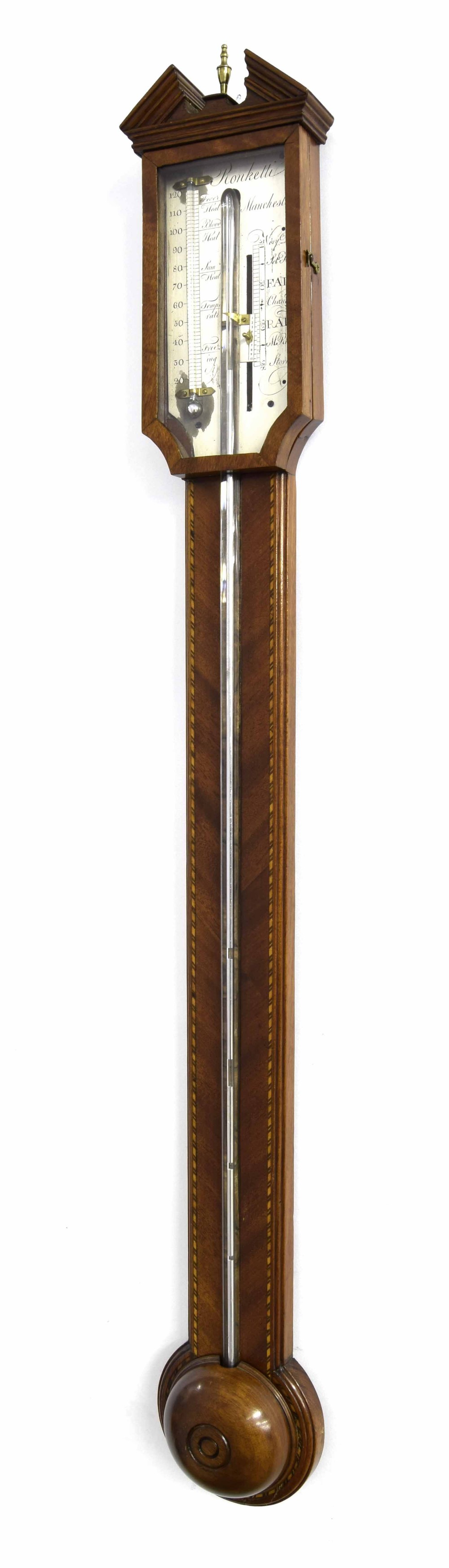 Good mahogany stick barometer, the silvered scale signed Ronketti, Manchester, over a chevron banded