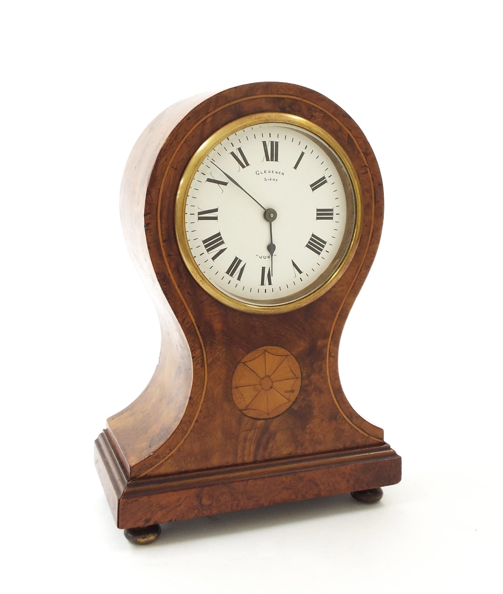 Walnut balloon mantel clock timepiece with platform escapement, the 3.25" white dial signed