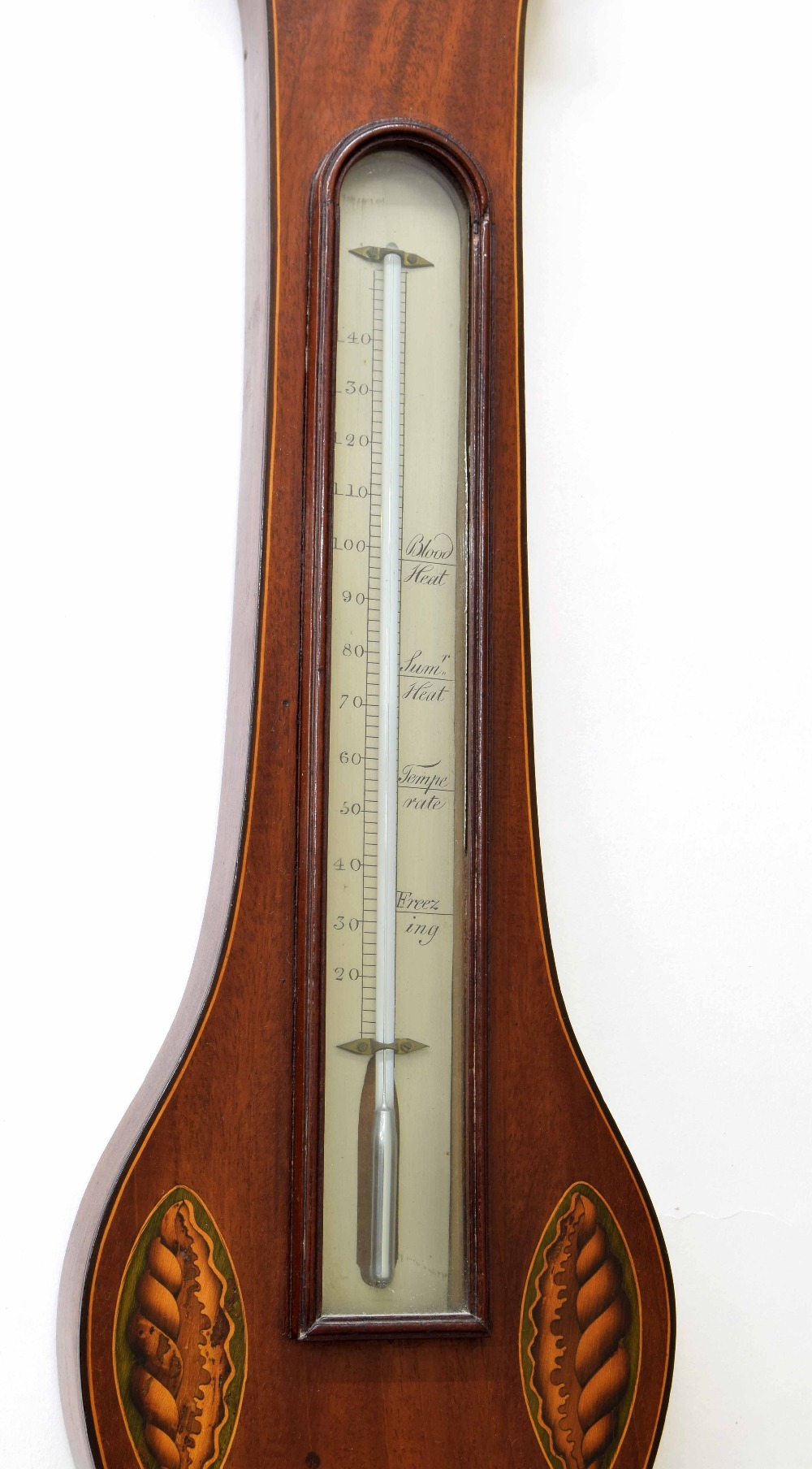 Mahogany inlaid banjo barometer/thermometer, the principal 8" silvered dial signed Cattele & Co, - Image 2 of 3