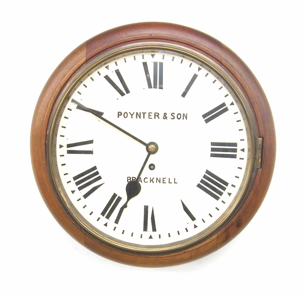 Mahogany single fusee 12" wall dial clock signed Poynter & Son, Bracknell, within a turned