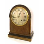 W & H mahogany ting-tang mantel clock, the 6.25" silvered convex dial within a rounded arched case