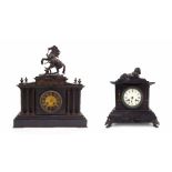 French black slate two train mantel clock surmounted by a bronze sphinx, 12" high; also another