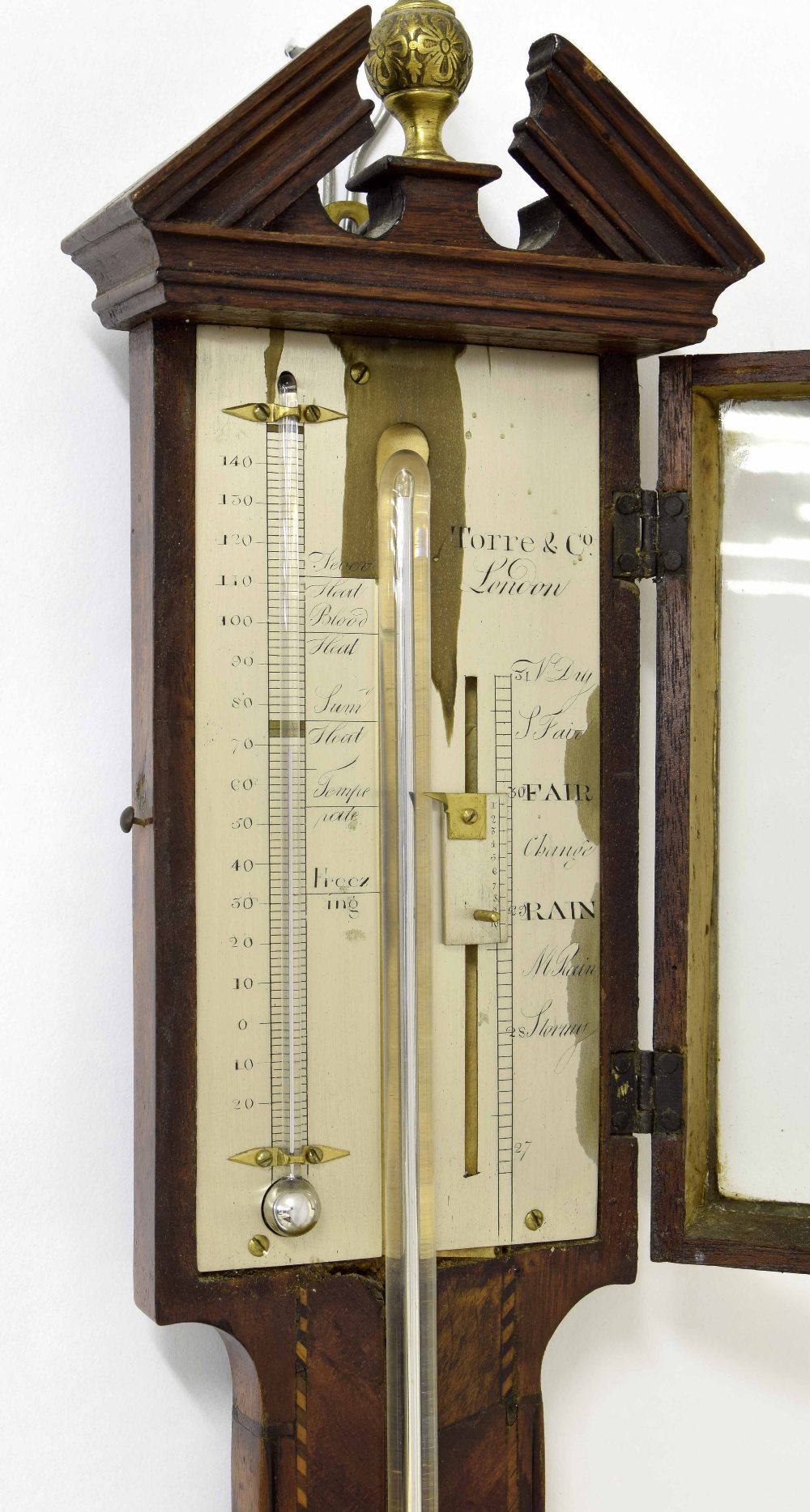 Mahogany stick barometer signed Torre & Co, London to the silvered scale, over a flat trunk to the - Image 2 of 2