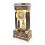 French ebonised and satinwood two train portico mantel clock, the movement with outside countwheel