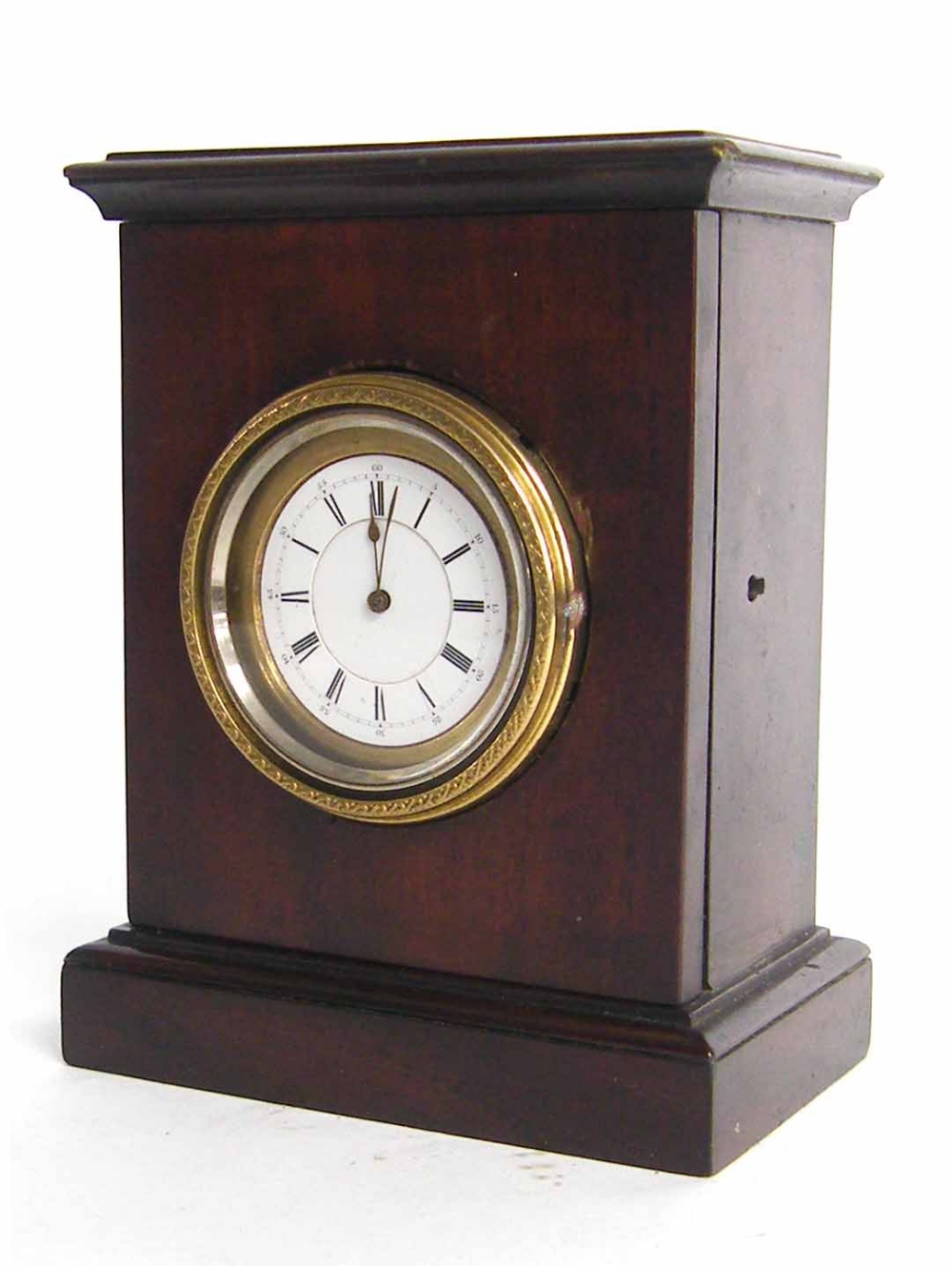 Small French mahogany mantel clock timepiece with platform escapement, the 1.75" white dial within a
