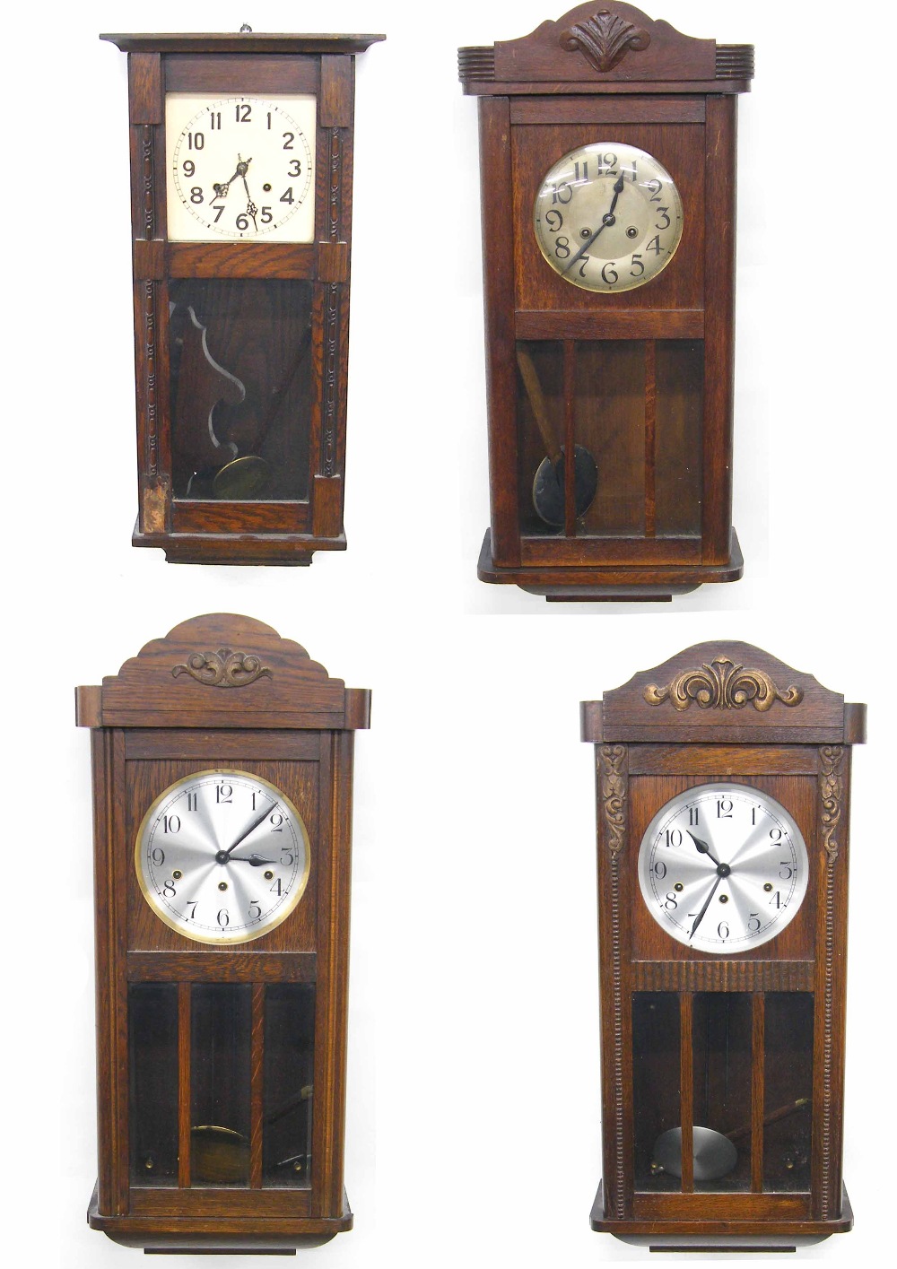 Two oak cased three train wall clocks; also two oak cased two train wall clocks, all approximately