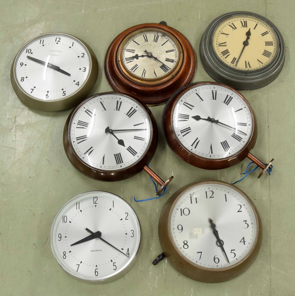 Two public double-sided 9" electric dial clocks; also five other dials (6)