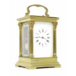 Good repeater carriage clock striking on a gong, the movement back plate stamped with the