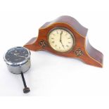 Mahogany inlaid mantel clock timepiece, 5.75" high; also a Jaeger car clock (2)