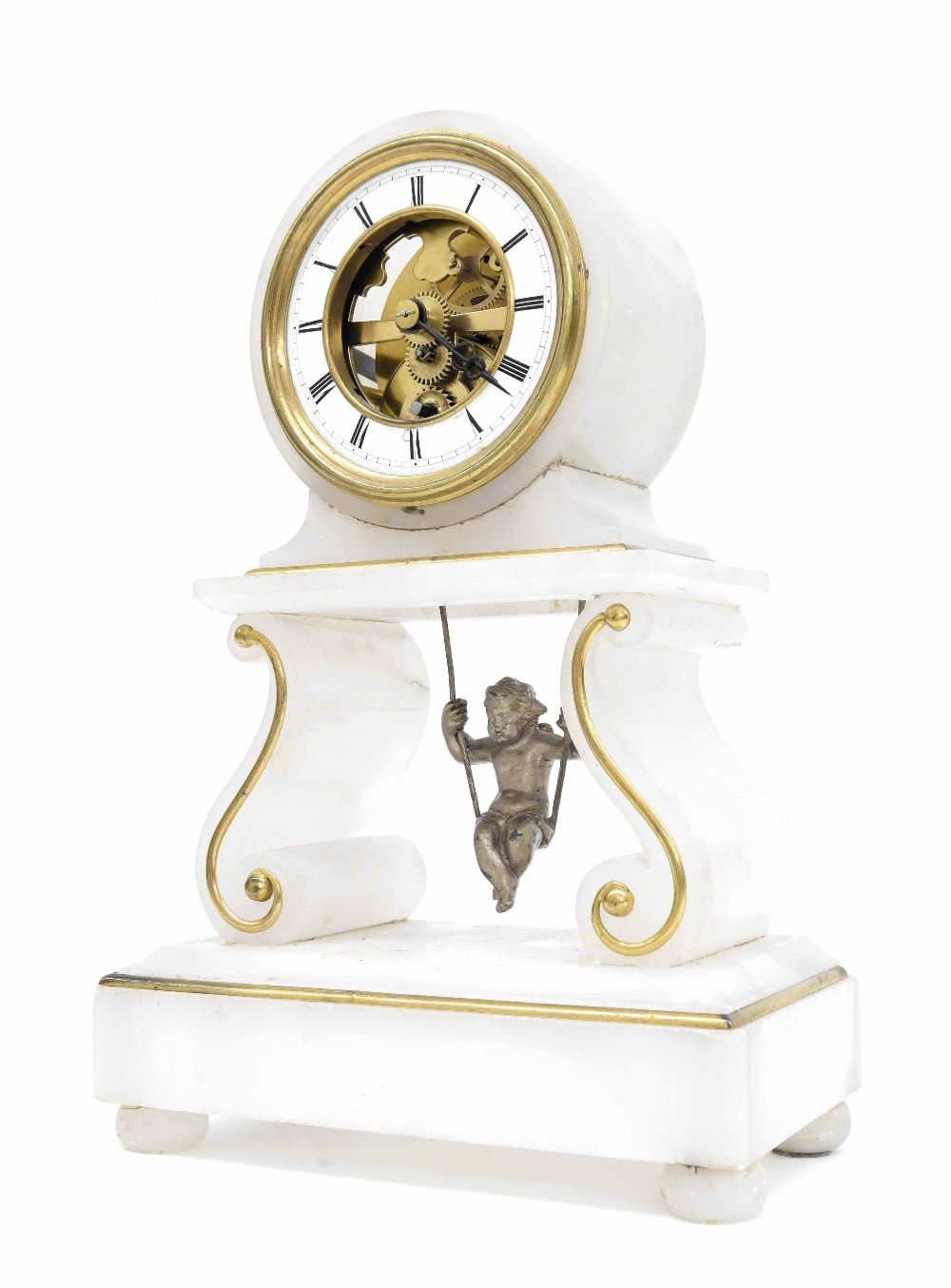 Alabaster drumhead mantel clock timepiece, the 3.25" white chapter ring enclosing a skeletonised